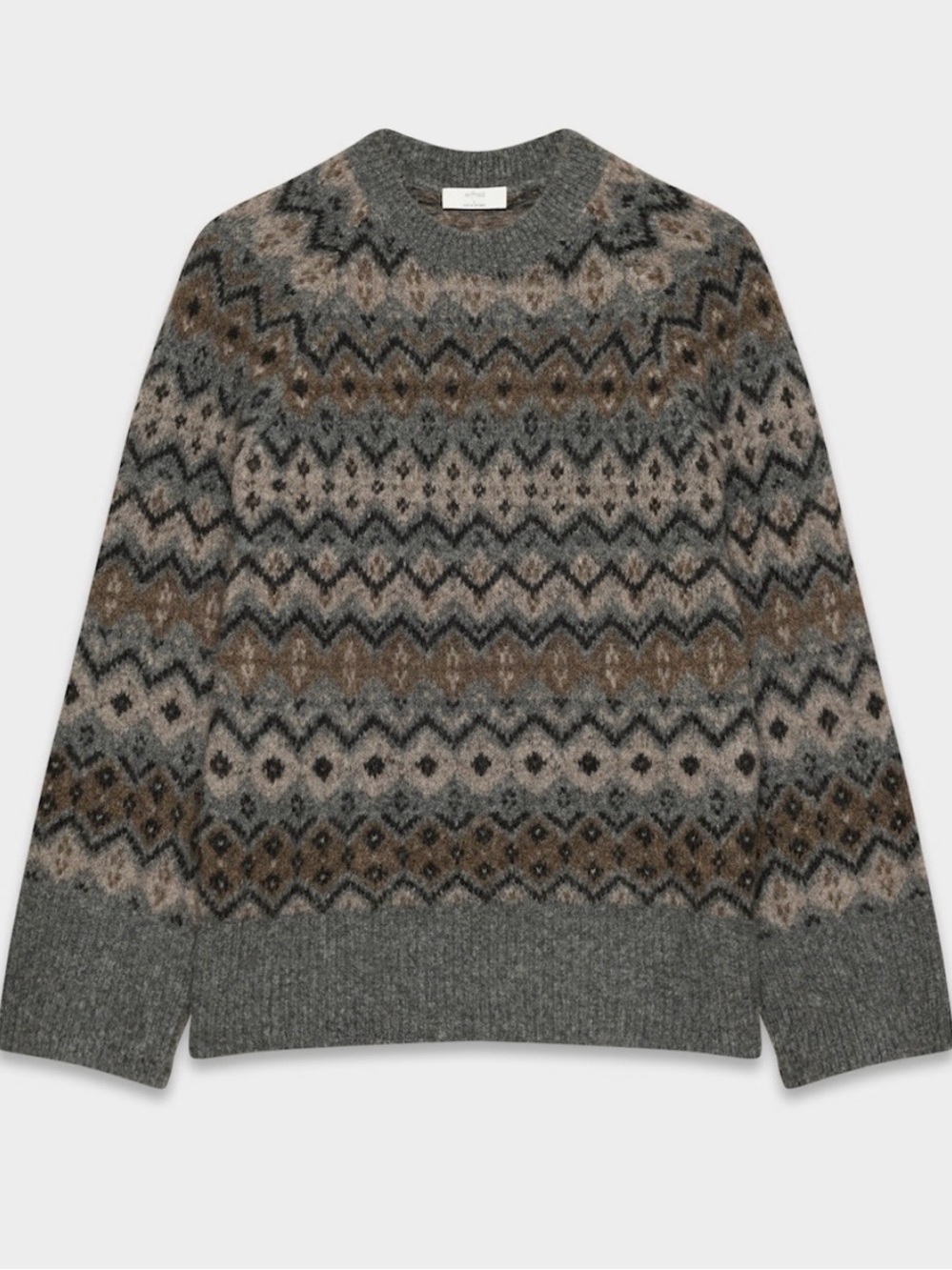 Wilfred Grey Fair Isle Crewneck Sweater with Brown Accents